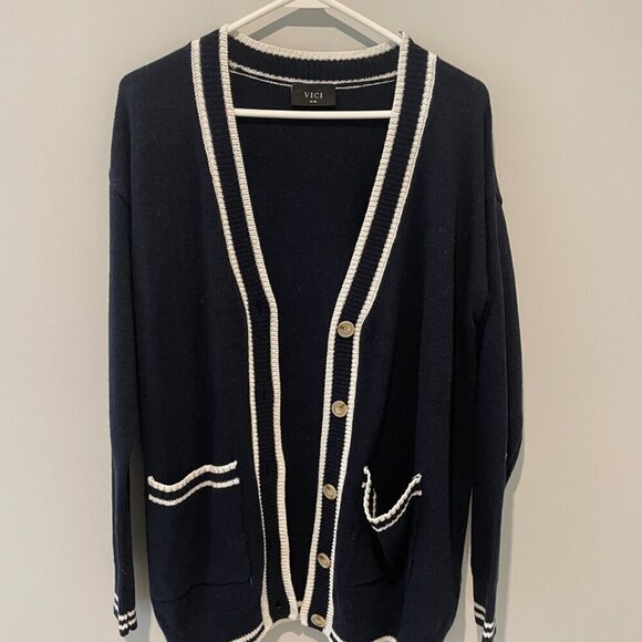 VICI Navy Cardigan Sweater White Stripe Nautical Coastal Grandmother - Picture 2 of 4